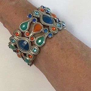 CUFF BRACELET Rhinestones Silver Blue Coral Color Stretch One Size Fits Most